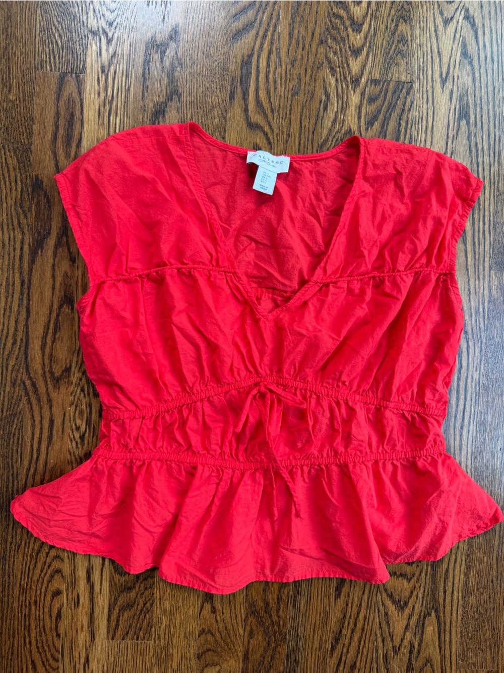 Calypso St. Barth Bright Red V‑Neck Cotton Tropical Girlhoodcore Peplum Top